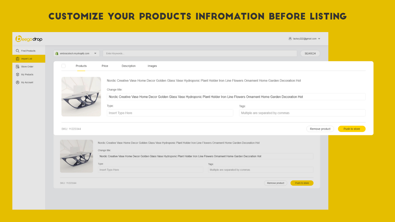 Tilpas dine produkters information før listing