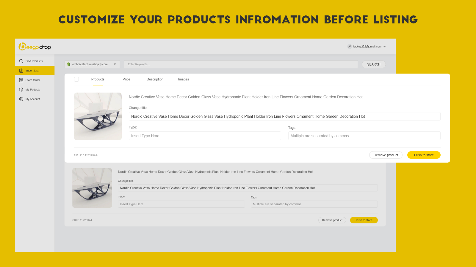 Customize your products information before listing