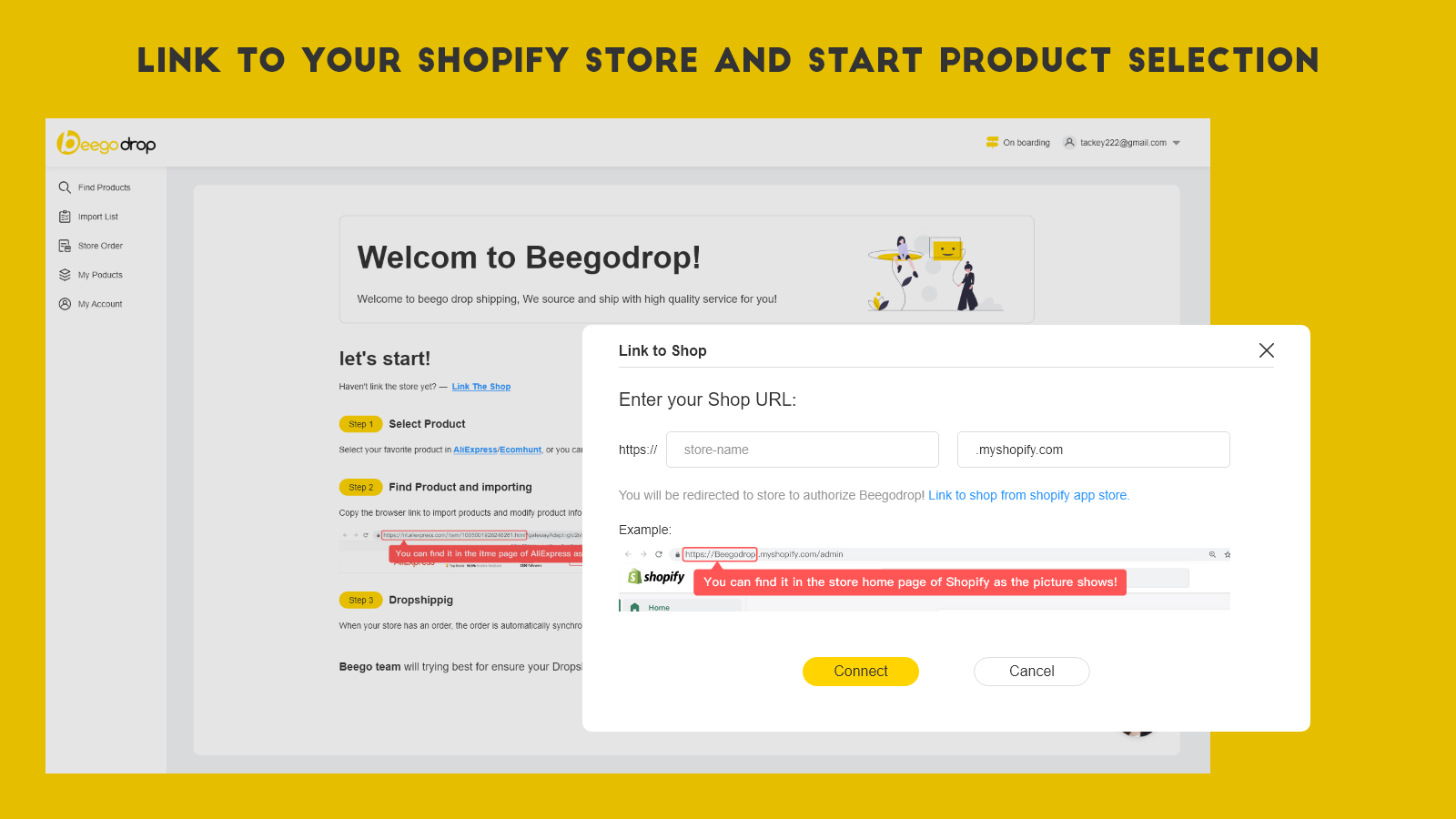 Länka till din Shopify-butik och börja välja produkter