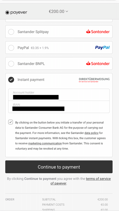 Instant Payment - en service af Santander 