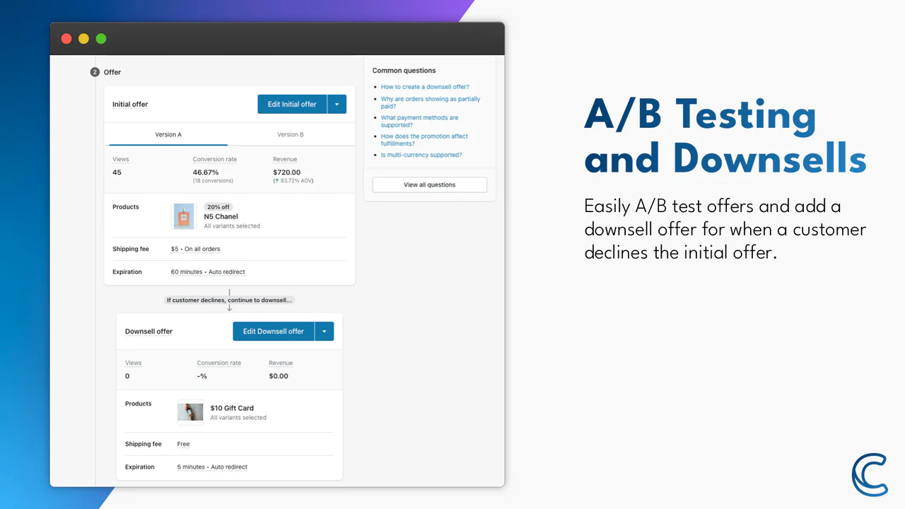 A/B + Analytics + Downsell