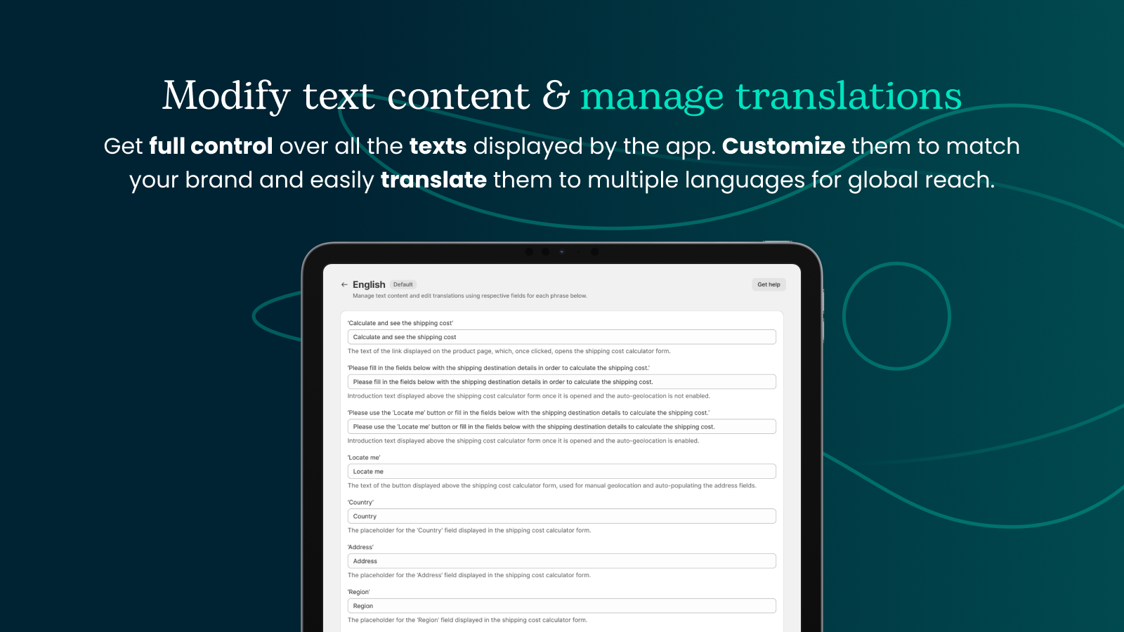 Edição de texto da calculadora de custos de envio da página do produto e tradução