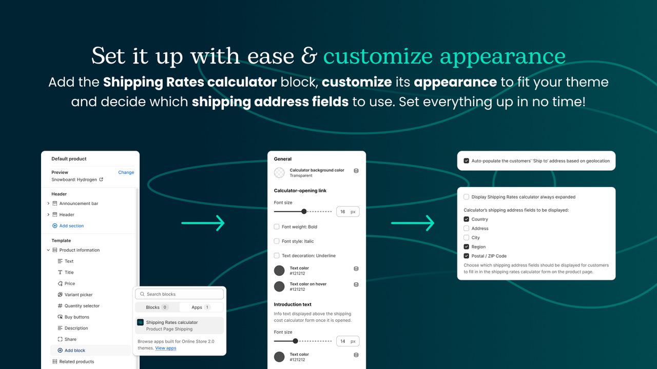 Configuração fácil do aplicativo Octolize Product Page Shipping e personalização de aparência