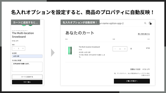 名入れオプションを設定すると、商品のプロパティに自動反映！