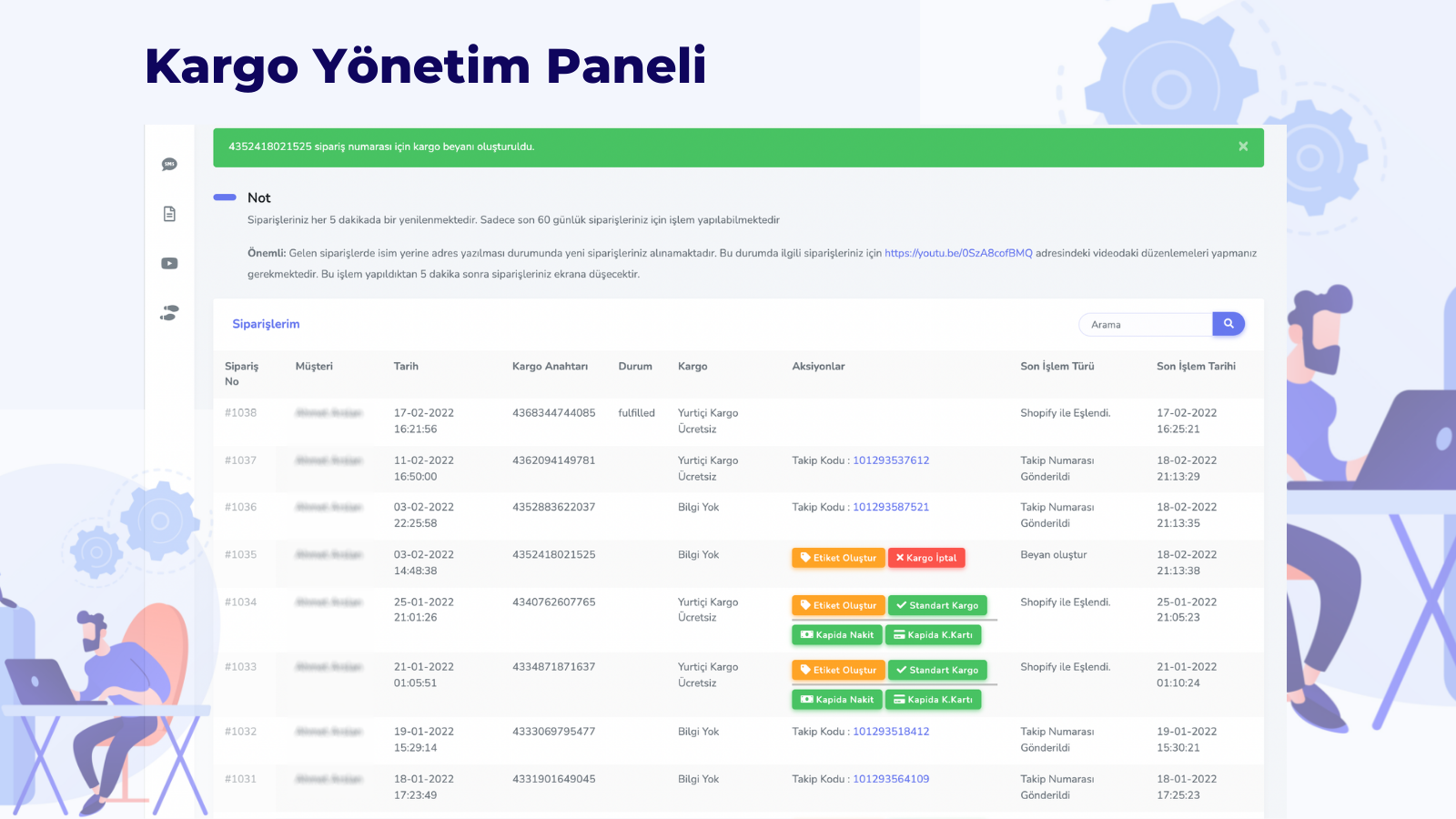 Painel de Gerenciamento de Carga da Integração Shopify da Yurtiçi Kargo