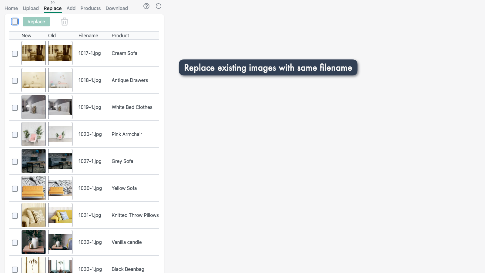 Replace images with same filename