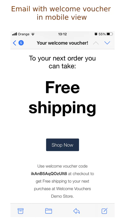 Email with welcome voucher in mobile device