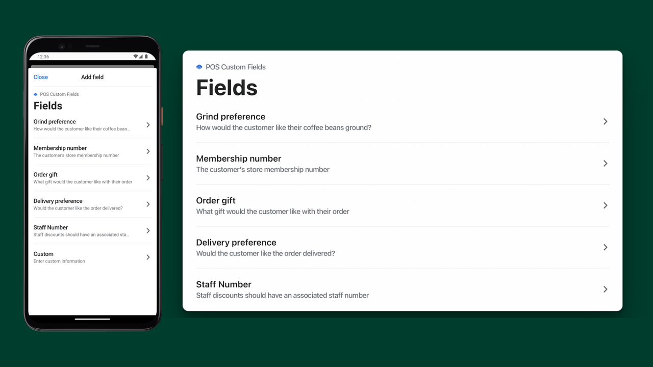 POS Custom fields screenshot showing field selector on mobile