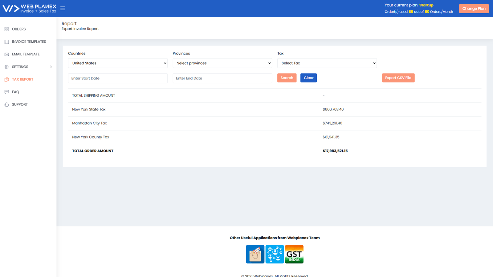 Invoice + Sales Tax Webplanex Screenshot