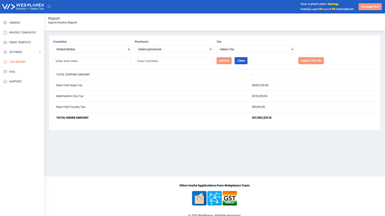 Invoice + Sales Tax Webplanex Screenshot