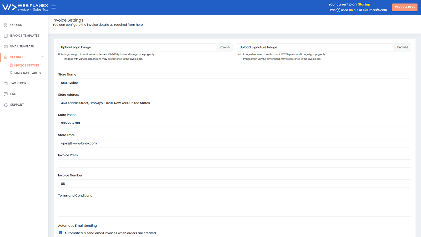 Invoice + Sales Tax Webplanex Screenshot