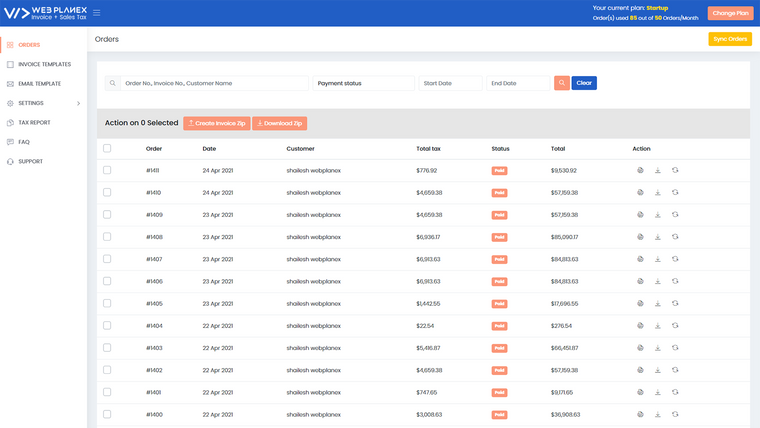 Invoice + Sales Tax Webplanex Screenshot