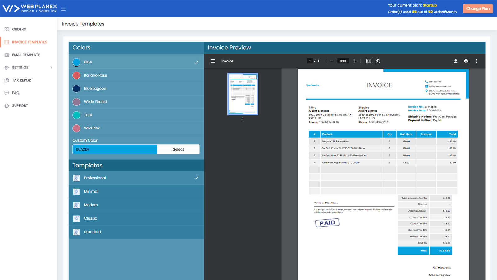 Invoice + Sales Tax Webplanex Screenshot