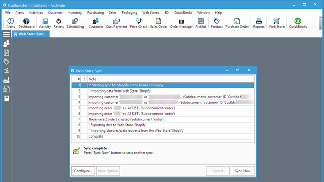 Acctivate will import customers and orders, then export data.