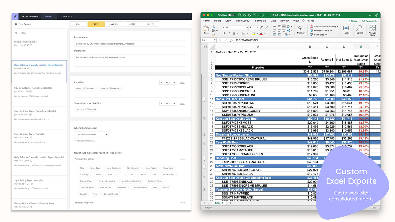 42 análises com relatórios automatizados e exportações para Excel