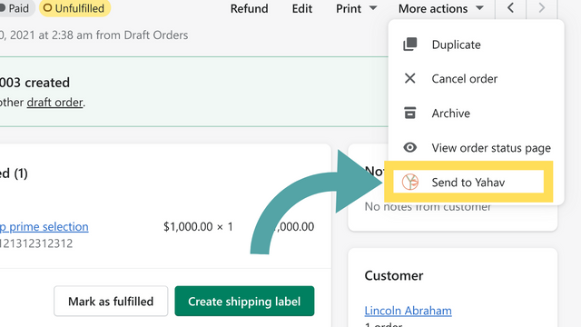 Crea envíos de Yahav Logistics desde la pantalla de pedidos de Shopify