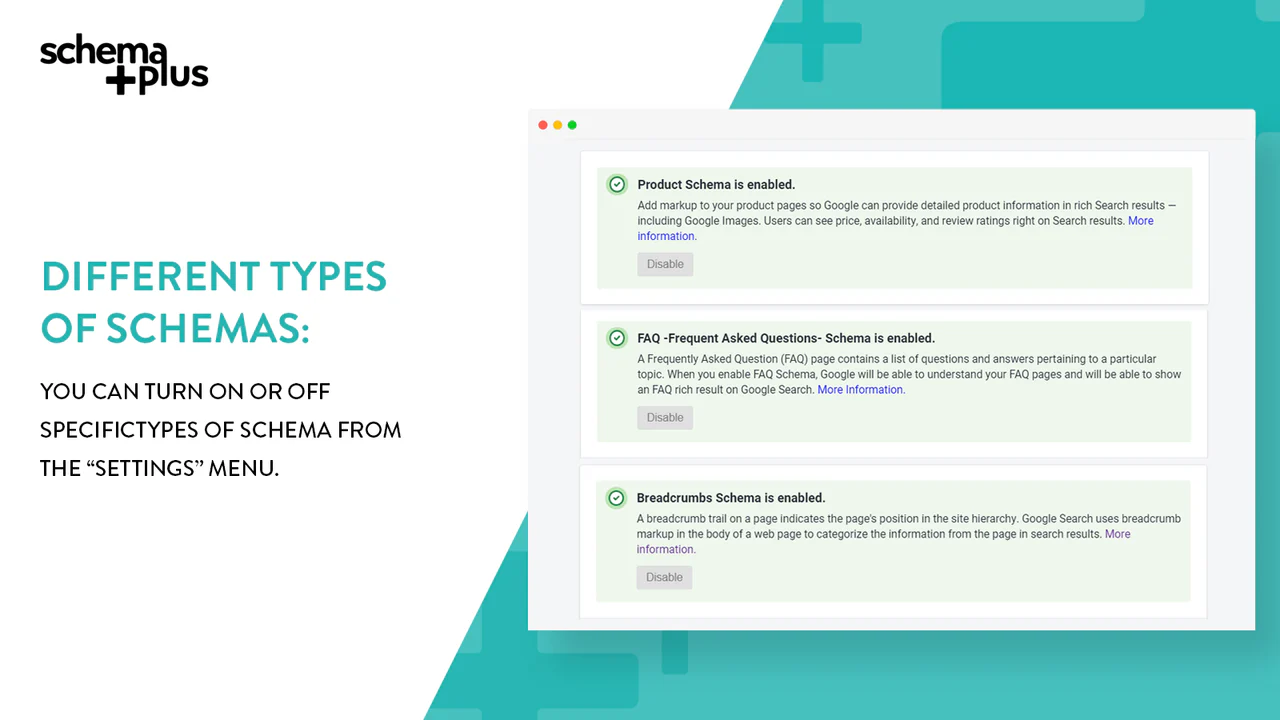 SchemaPlus tem FAQ, Recipe, Breadcrumbs, Product schema.