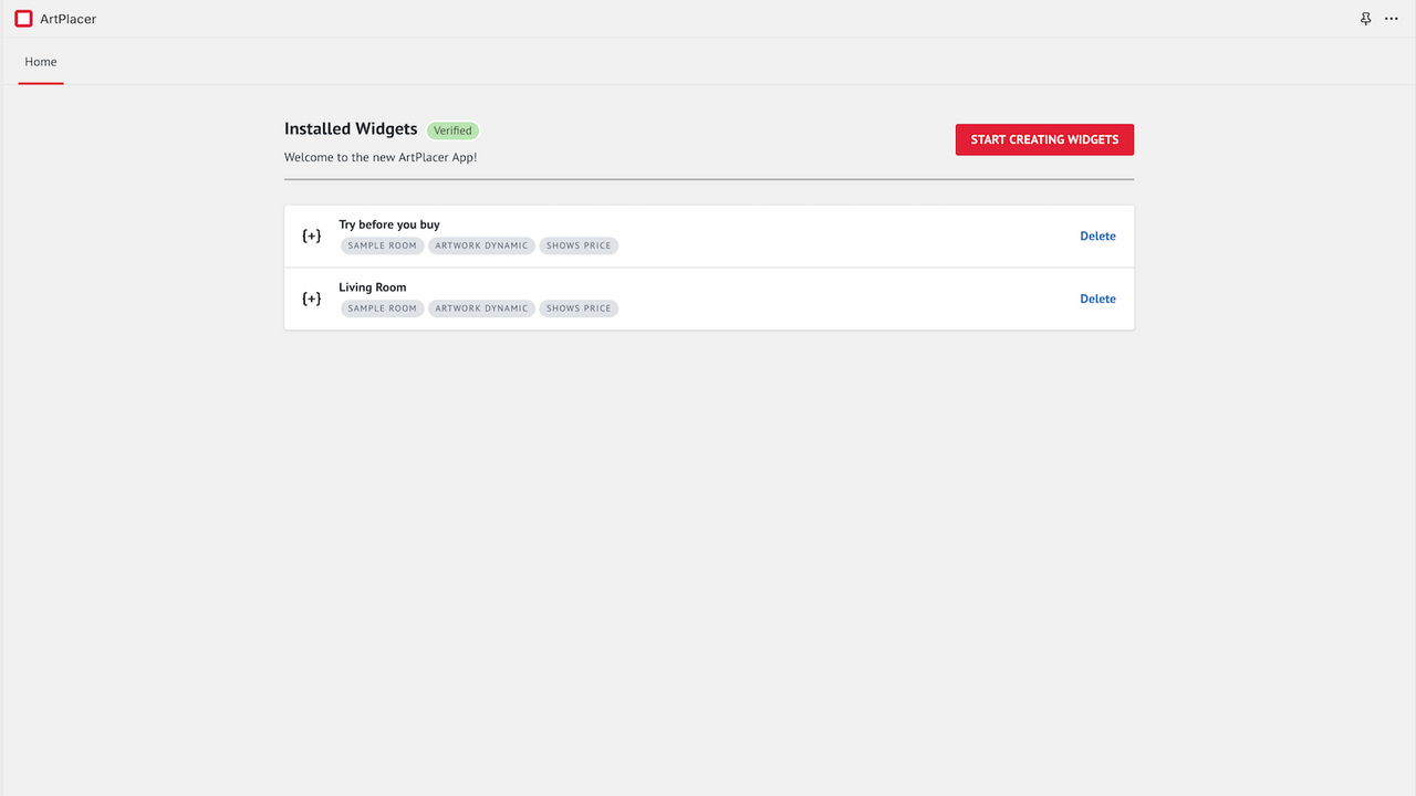 La aplicación ArtPlacer mostrando widgets instalados en el sitio web del usuario