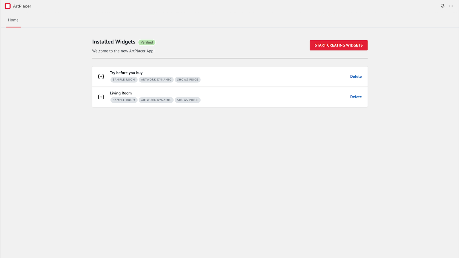 O aplicativo ArtPlacer mostrando widgets instalados no site do usuário