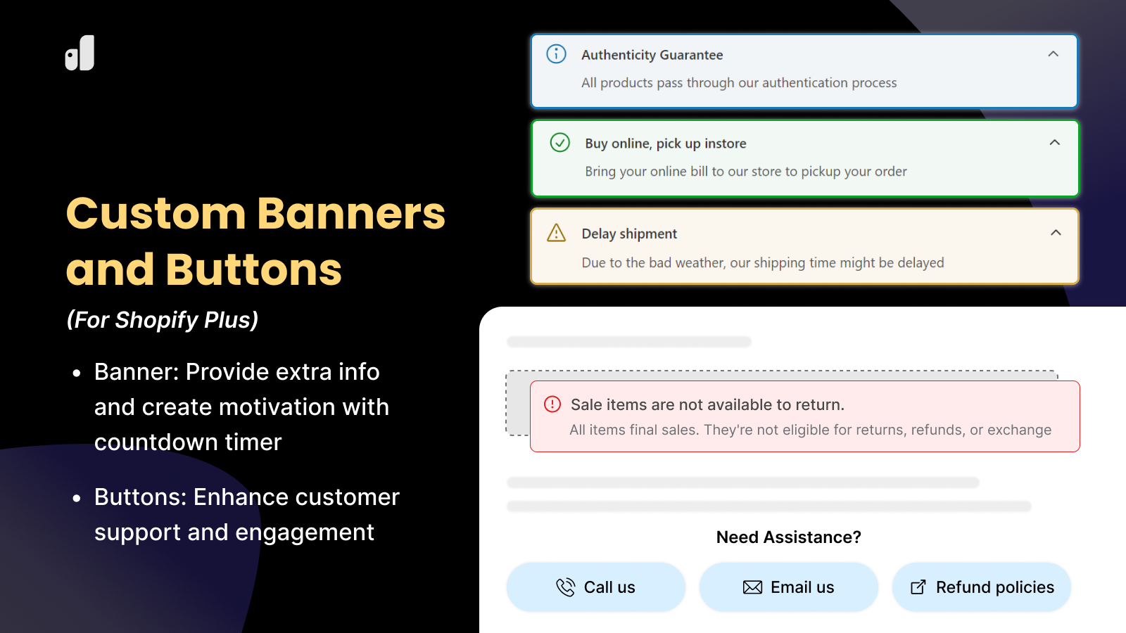 Custom checkout banner and linked buttons: phone number, contact