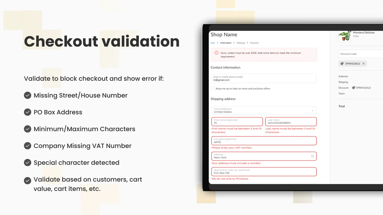 Checkout validation, custom rules, validate address, cart