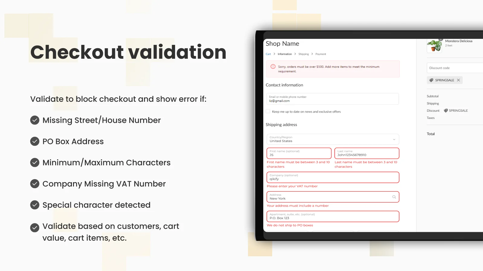 Checkout validation, custom rules, validate address, cart