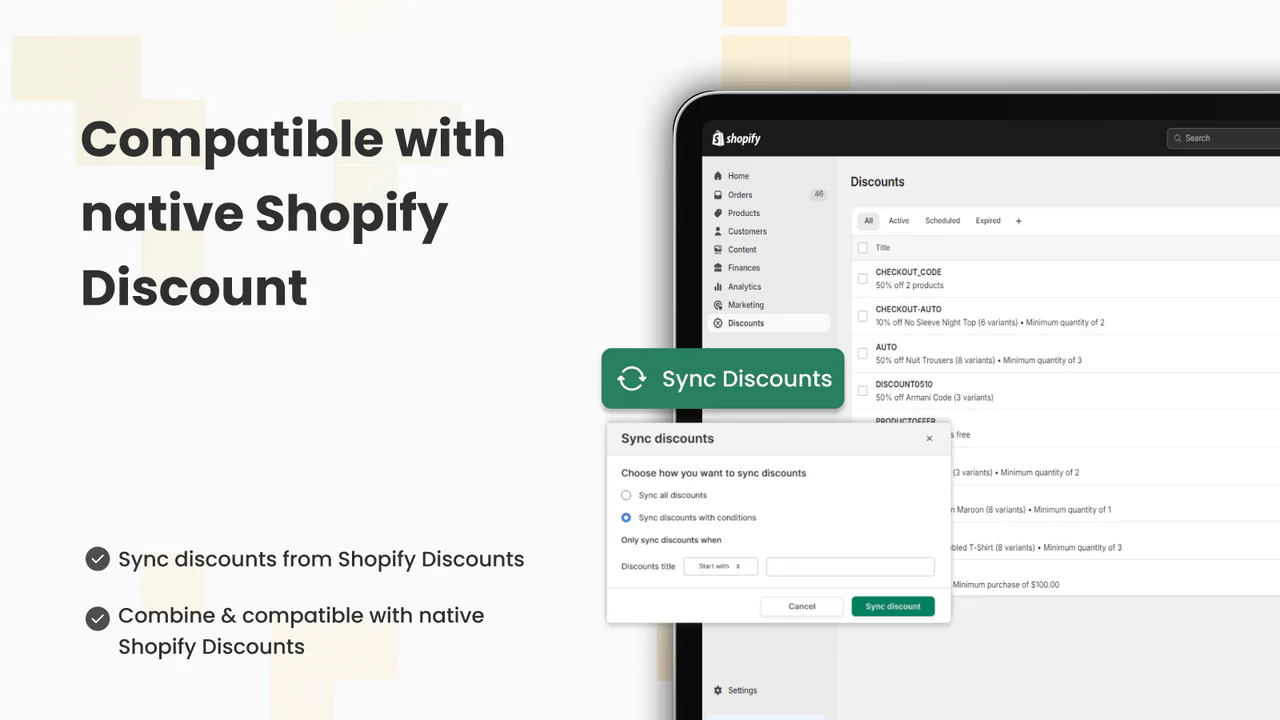 Kompatibel med native Shopify Rabatter