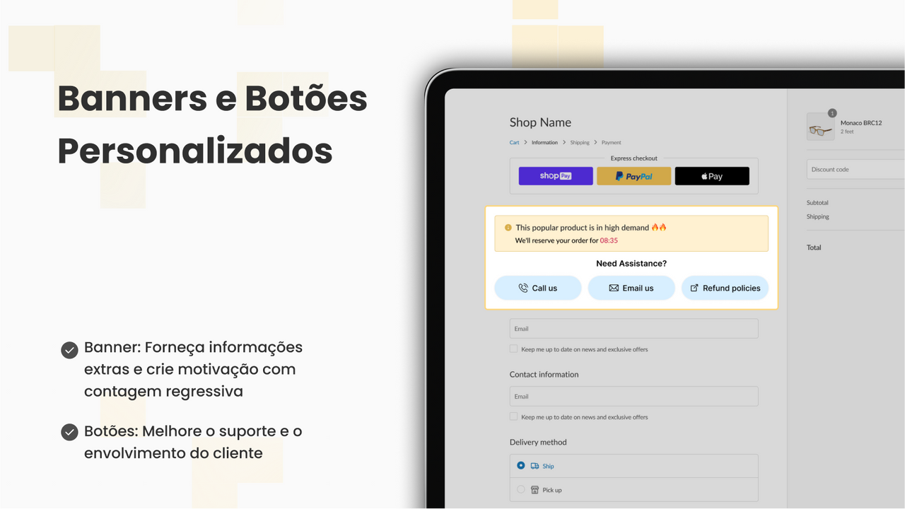 Banner de checkout personalizado e botões vinculados