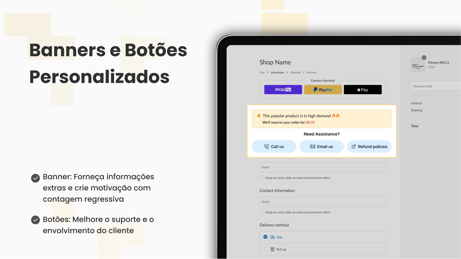 Banner de checkout personalizado e botões vinculados