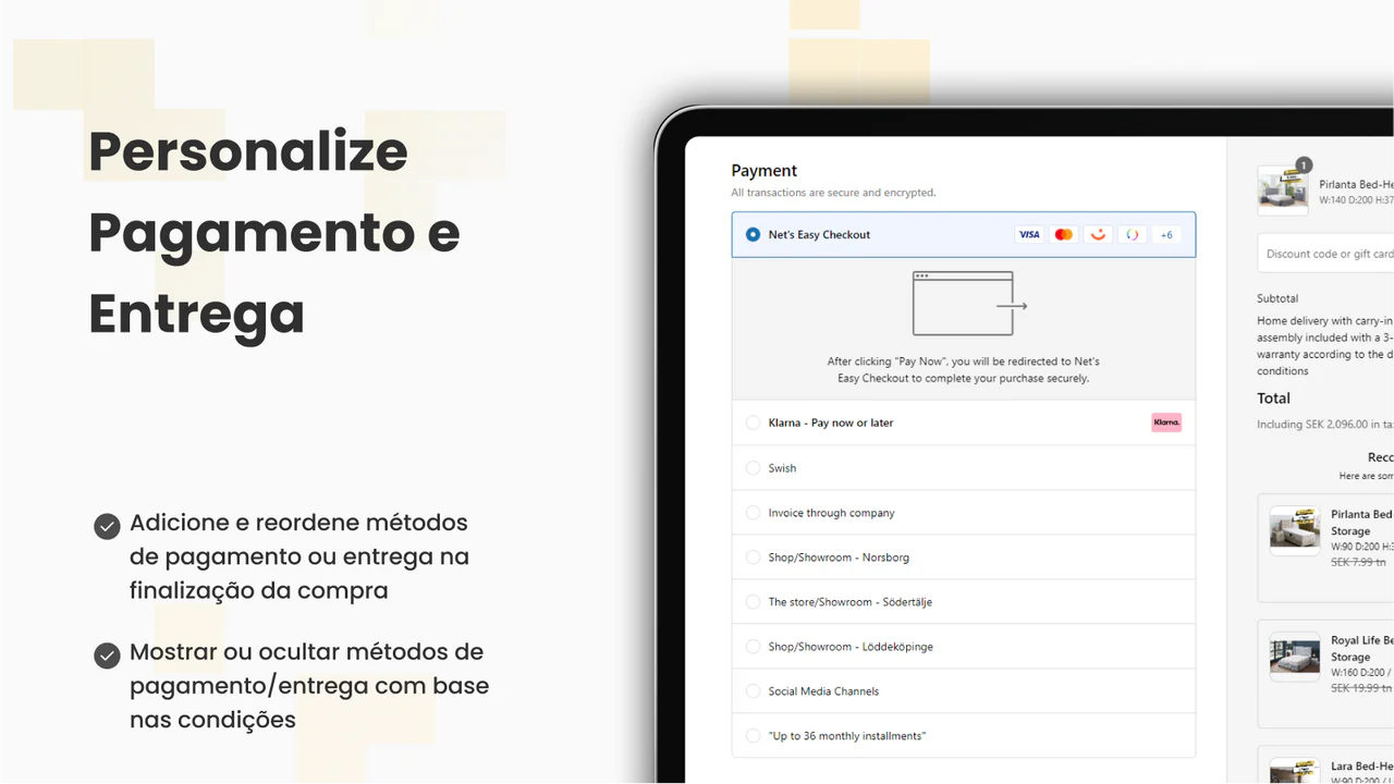 Personalize os métodos de pagamento e entrega do Checkout