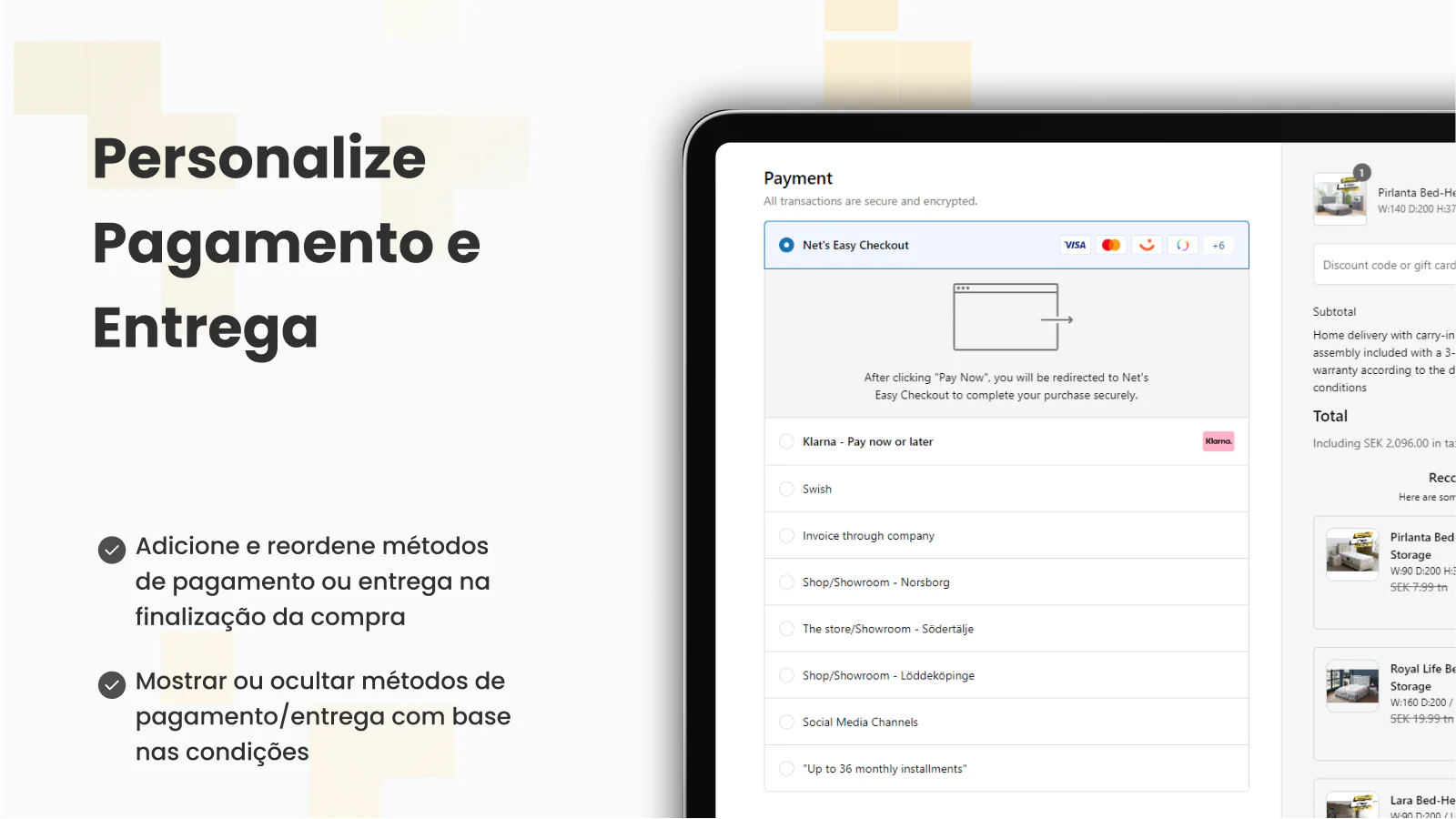 Personalize os métodos de pagamento e entrega do Checkout