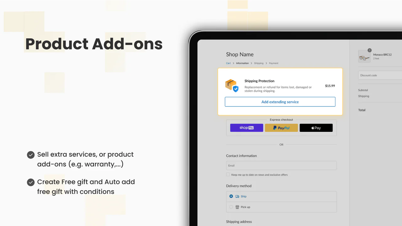 Feature product add ons on checkout page to sell extra services