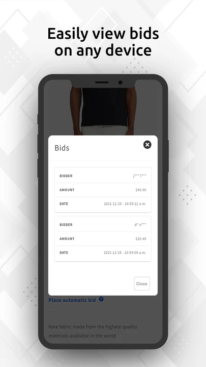 Screenshot mobile view bids