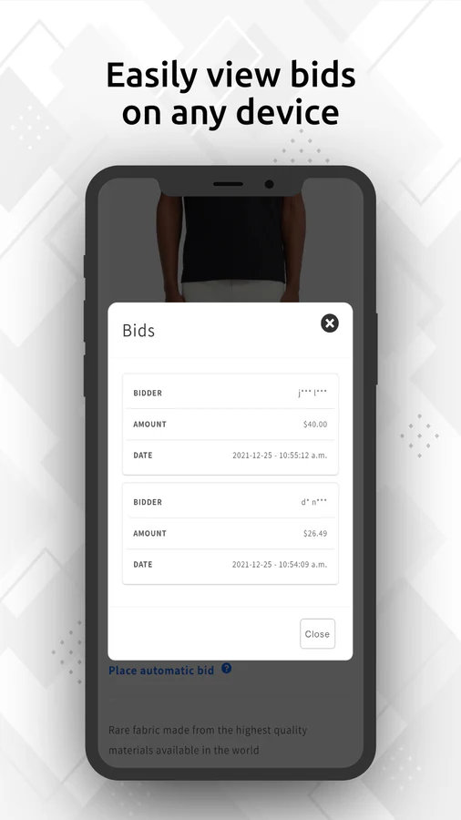 Screenshot mobile view bids