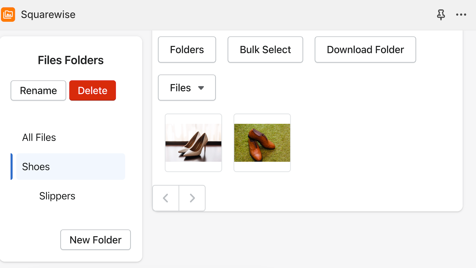Admin user interface: files in folders