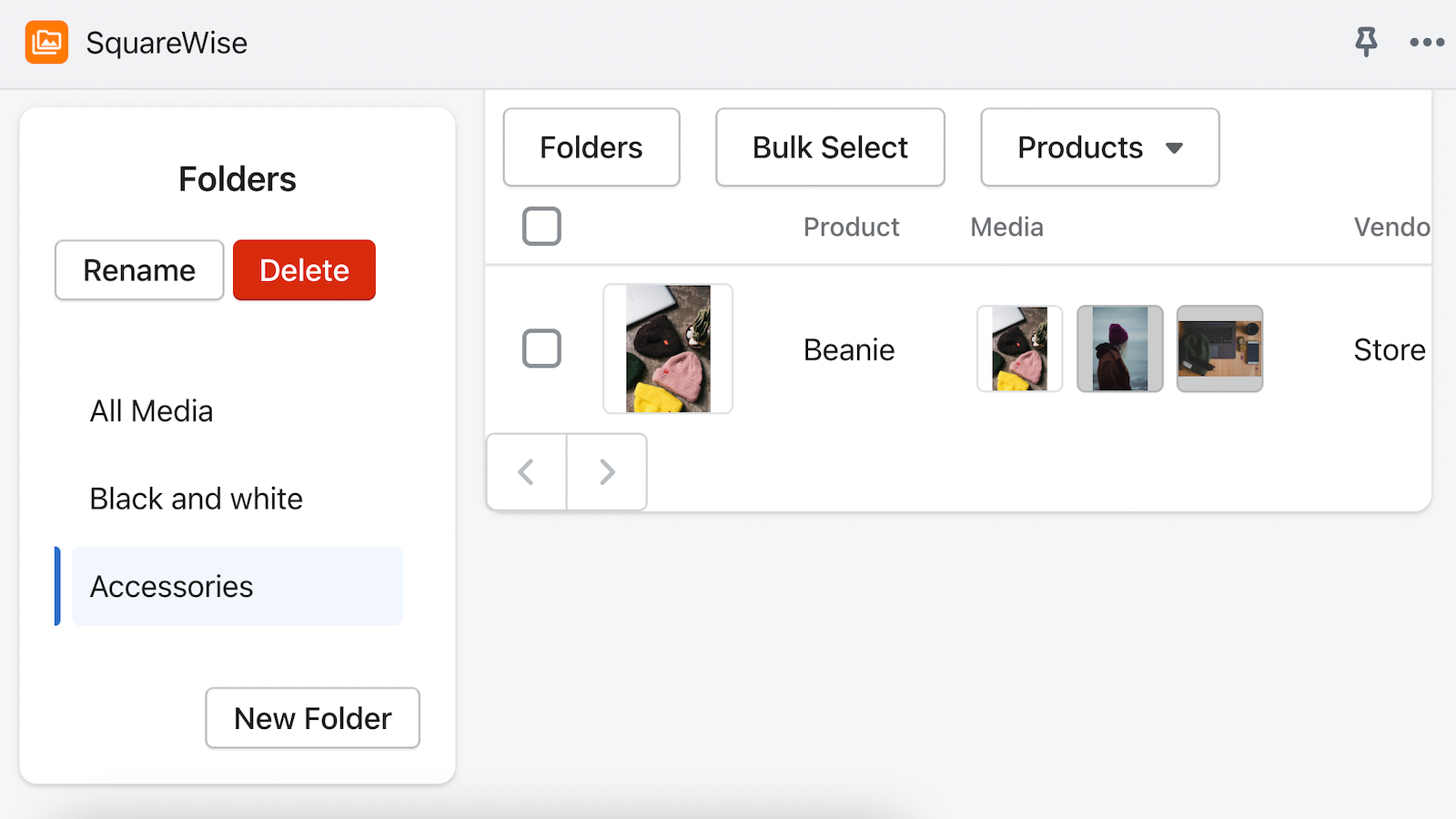 Admin user interface: products in a specific folder