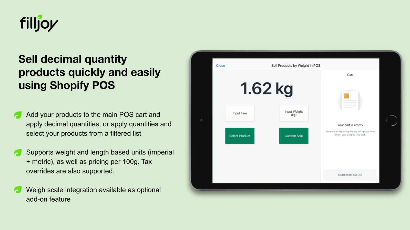 Sälj decimalprodukter efter vikt eller längd för Shopify POS