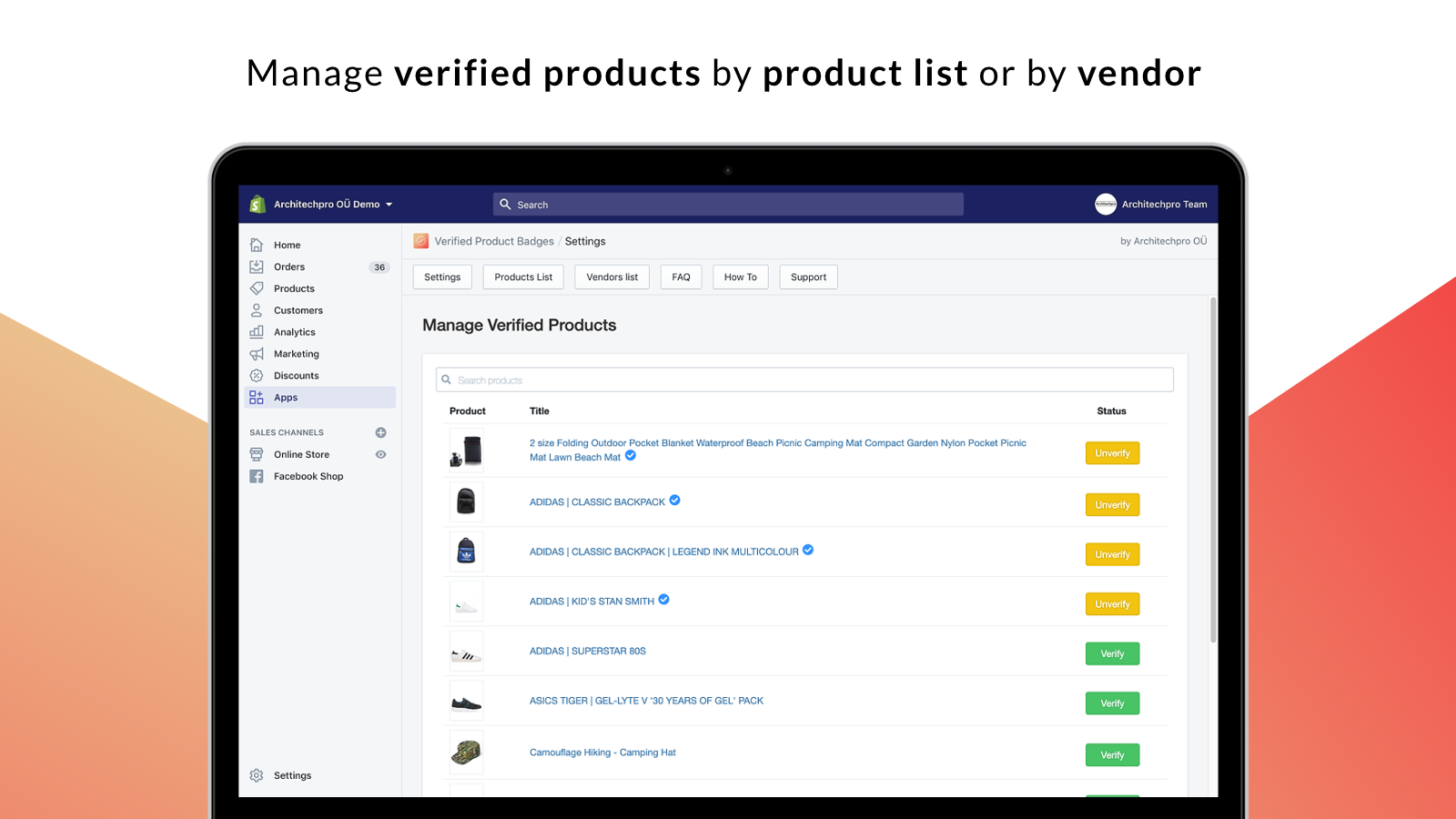 Selos de verificação de produtos – Painel de administração