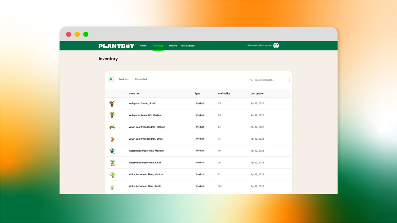 Captura de tela da página de estoque no aplicativo Plantboy