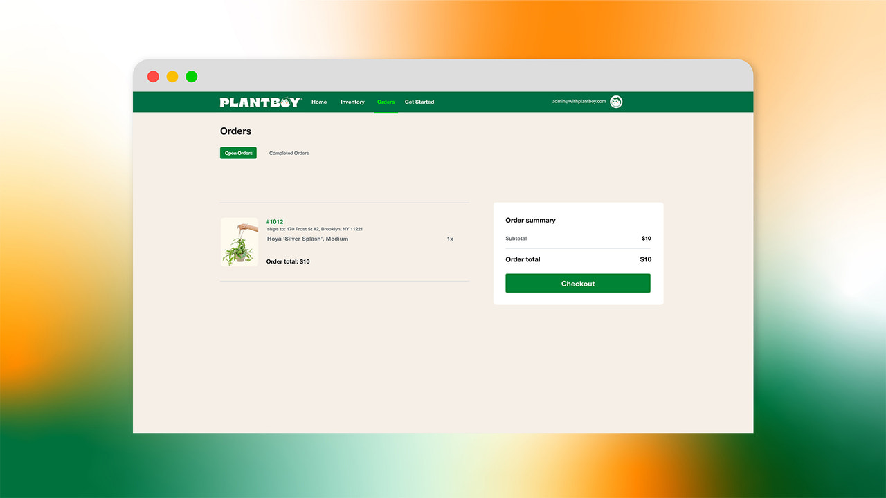 Captura de tela da página de pedidos no aplicativo Plantboy