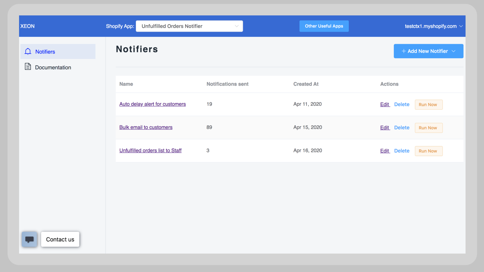 Panel de control - Lista de notificadores