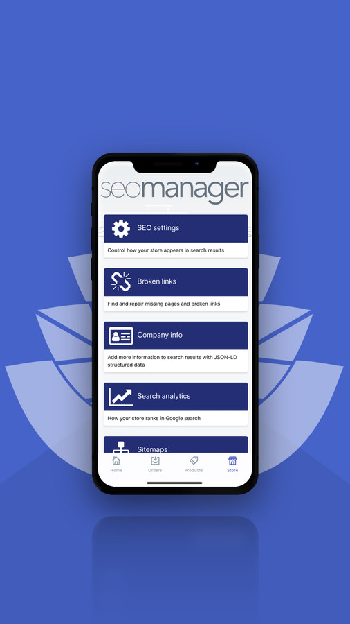 Admin mobile intuitif de SEO Manager - tel que vu depuis l'intérieur de la Sho