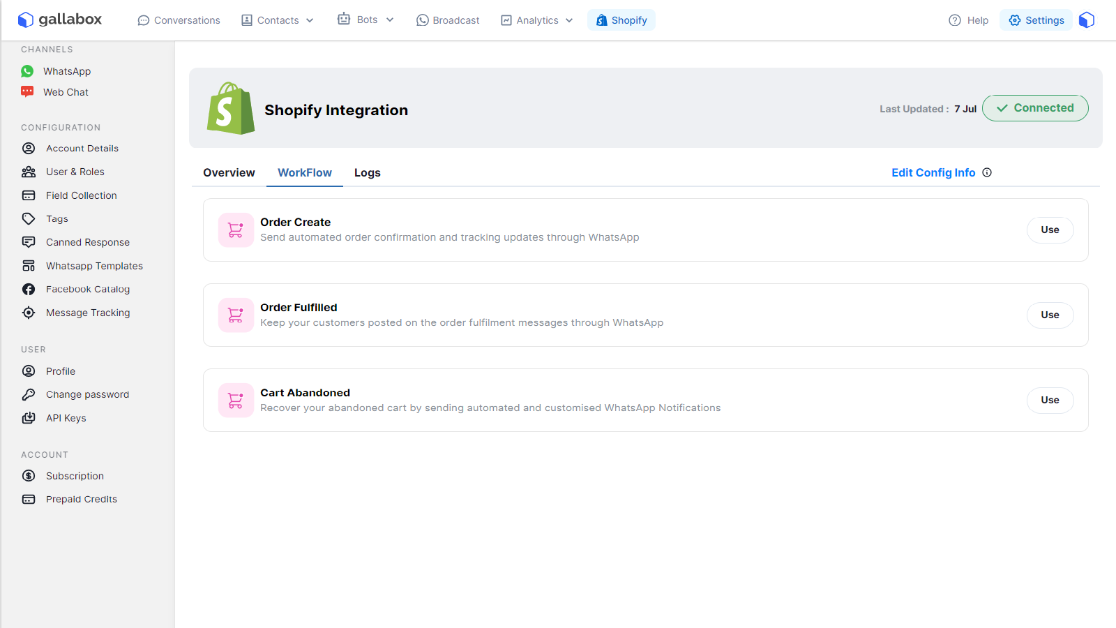 Interface utilisateur de Gallabox 