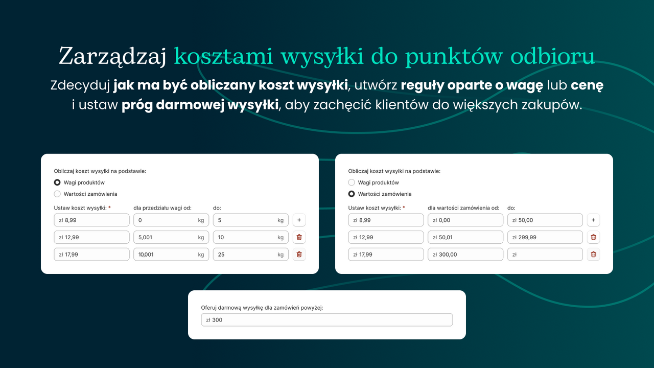 Koszt wysyłki do punktu odbioru, waga, cena, darmowa wysyłka