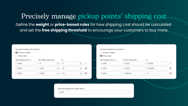 Octolize Pickup Points shipping cost based on weight or price