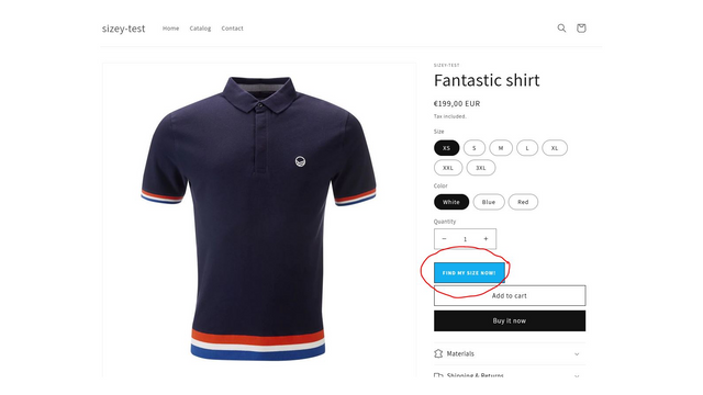 Nach der Einrichtung erscheint der Button 'Find My Size' auf der Produktseite