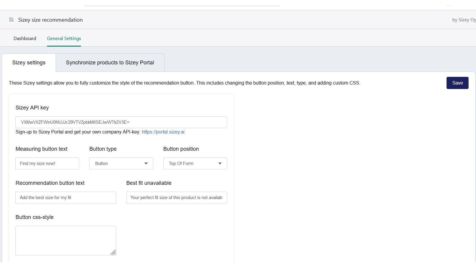 Configure o estilo do botão, posição e chave API do Sizey nas configurações do aplicativo