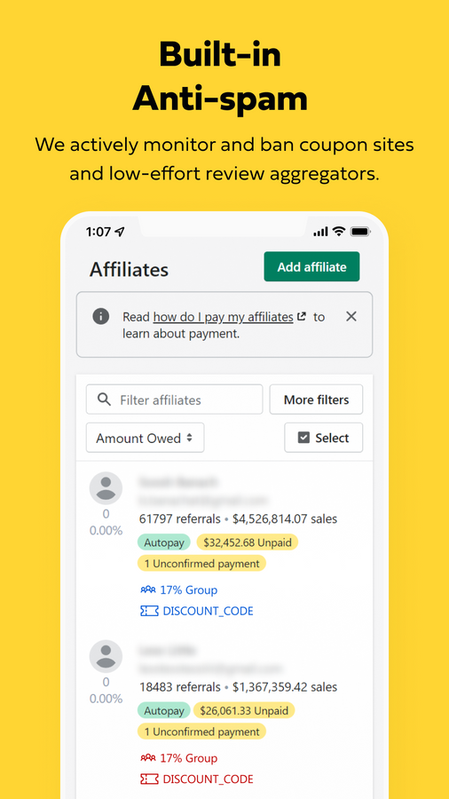 Simple Affiliate - Liste mobile des affiliés