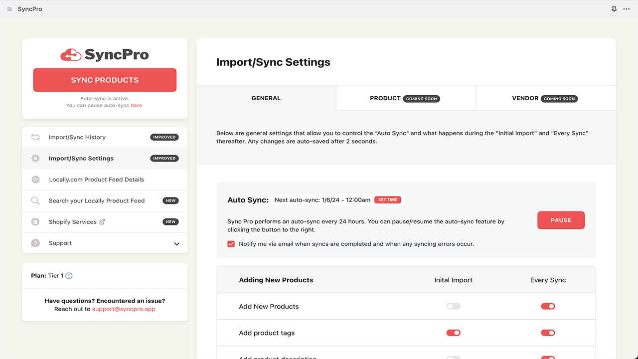 SyncPro Import/Sync Instellingen
