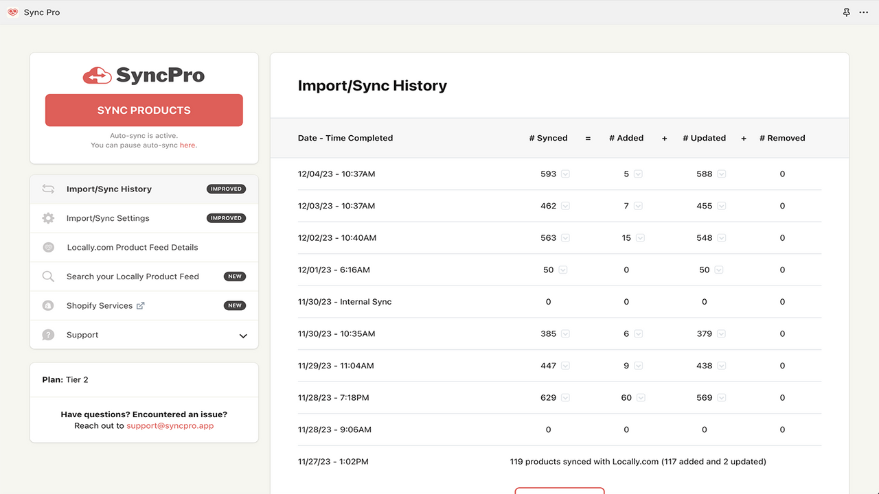 SyncPro Import/Sync History
